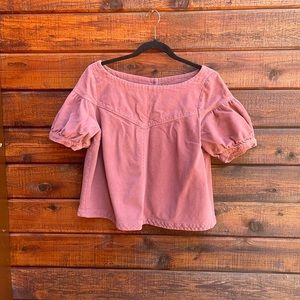 Free People Cottagecore Dusty Rose Boxy Button Back Puff Sleeve Corduroy Shirt